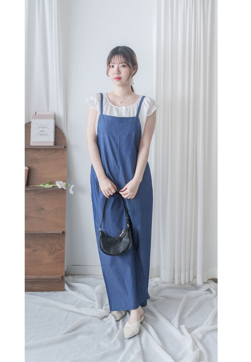 Denim Jumpsuit 肩帶可調顯瘦簡約牛仔色連身褲/ PT8463