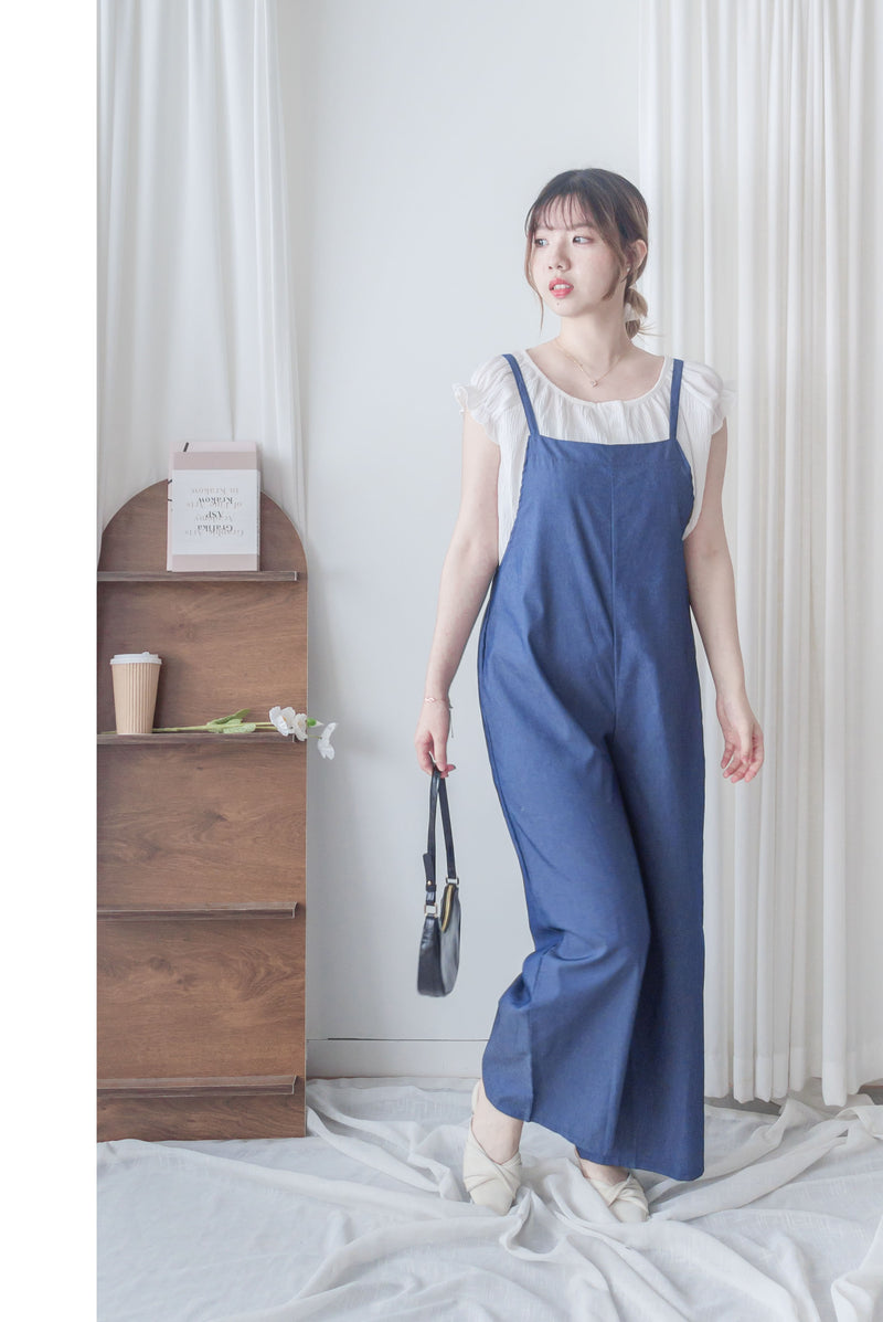 Denim Jumpsuit 肩帶可調顯瘦簡約牛仔色連身褲/ PT8463