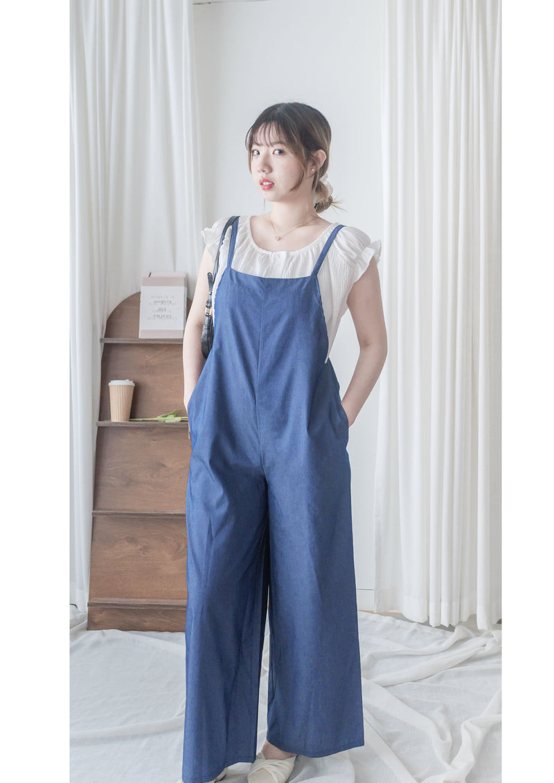 Denim Jumpsuit 肩帶可調顯瘦簡約牛仔色連身褲/ PT8463