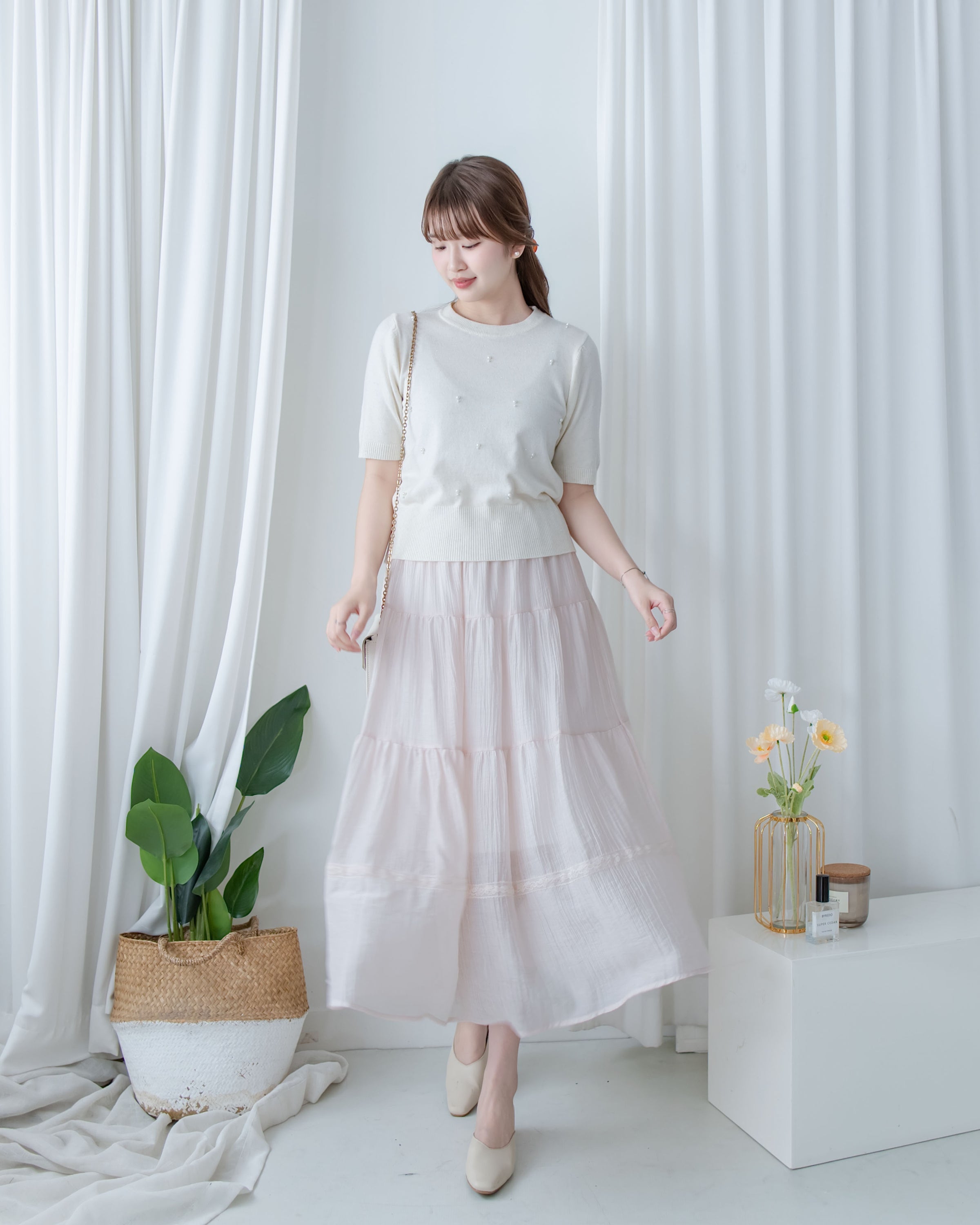 【現貨限量回歸 】Sakura Lace Skirt 櫻花粉通花層次質感傘裙/ SK8938