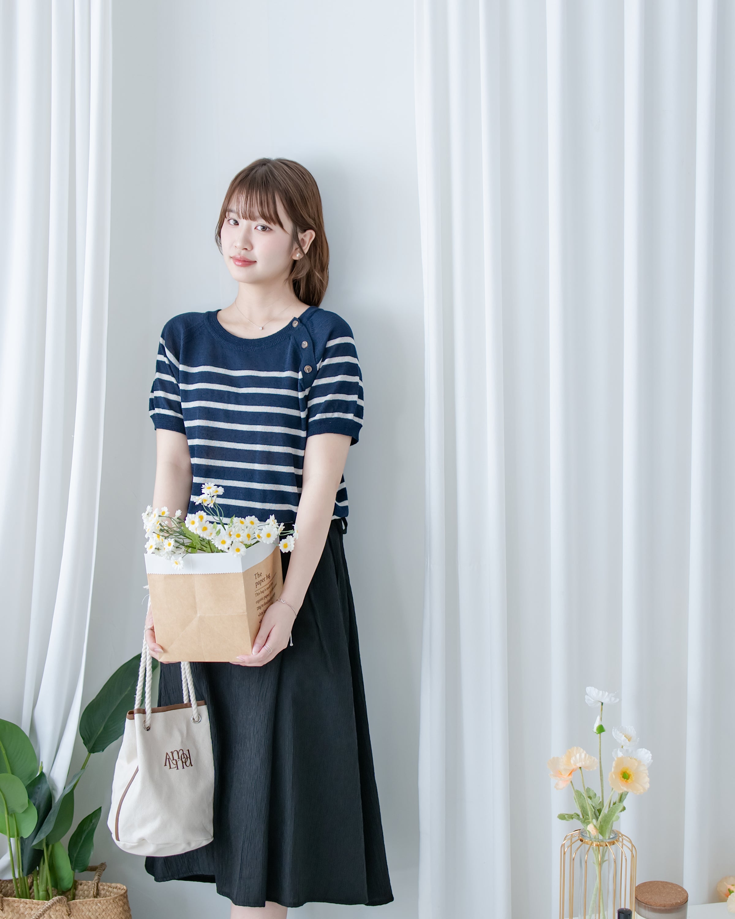 Nautical Knit Top 夏日側鈕扣裝飾條紋線衫/ TP9218