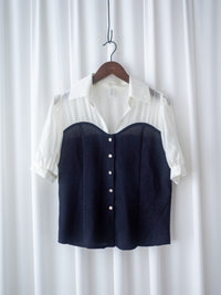 Spliced Blouse 深藍拼接設計不貼假修腰上衣/ BU9114