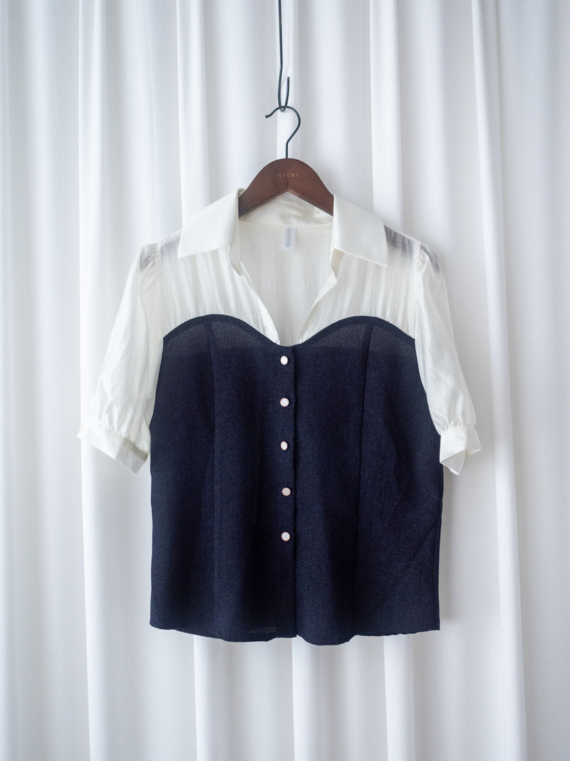 Spliced Blouse 深藍拼接設計不貼假修腰上衣/ BU9114