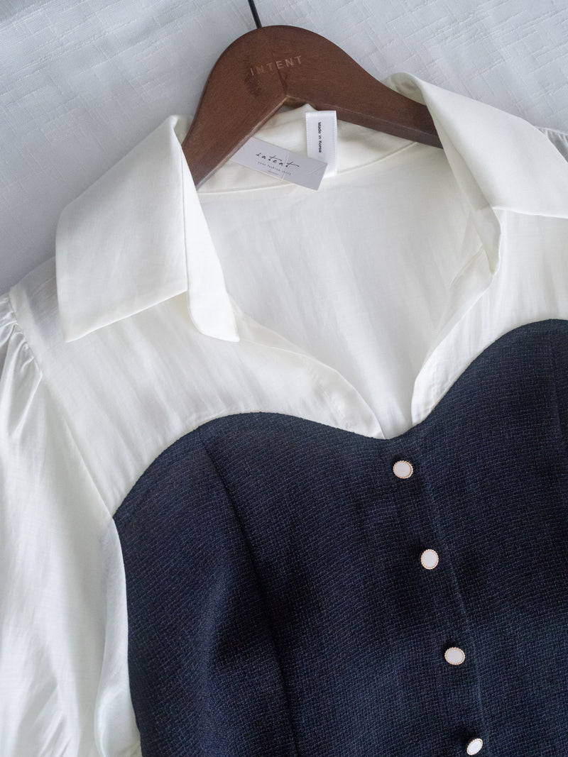 Spliced Blouse 深藍拼接設計不貼假修腰上衣/ BU9114