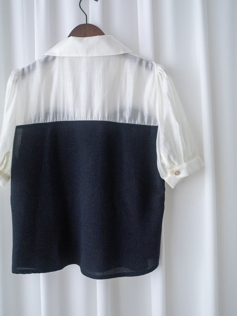 Spliced Blouse 深藍拼接設計不貼假修腰上衣/ BU9114