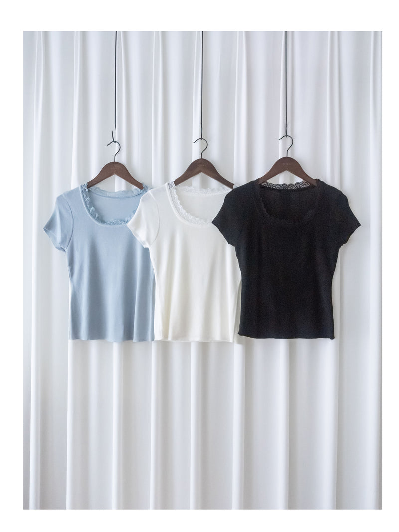 Lace Collar Top 顯瘦修身彈性蕾絲圓方領上衣/ TP9183