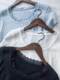 Lace Collar Top 顯瘦修身彈性蕾絲圓方領上衣/ TP9183