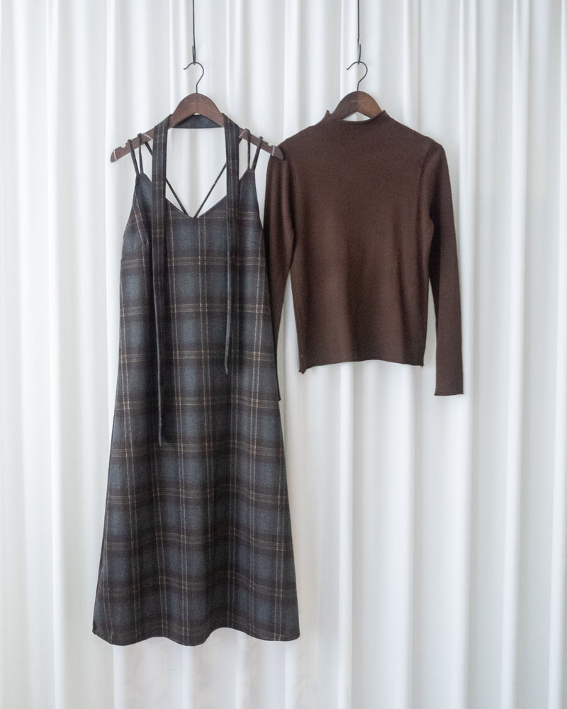 Check Set 後交叉帶吊帶格紋連身裙 （一Set兩件）/SE8096
