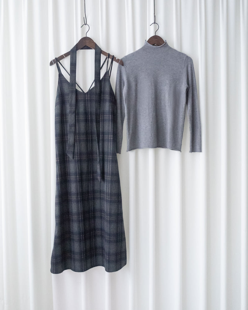 Check Set 後交叉帶吊帶格紋連身裙 （一Set兩件）/SE8096