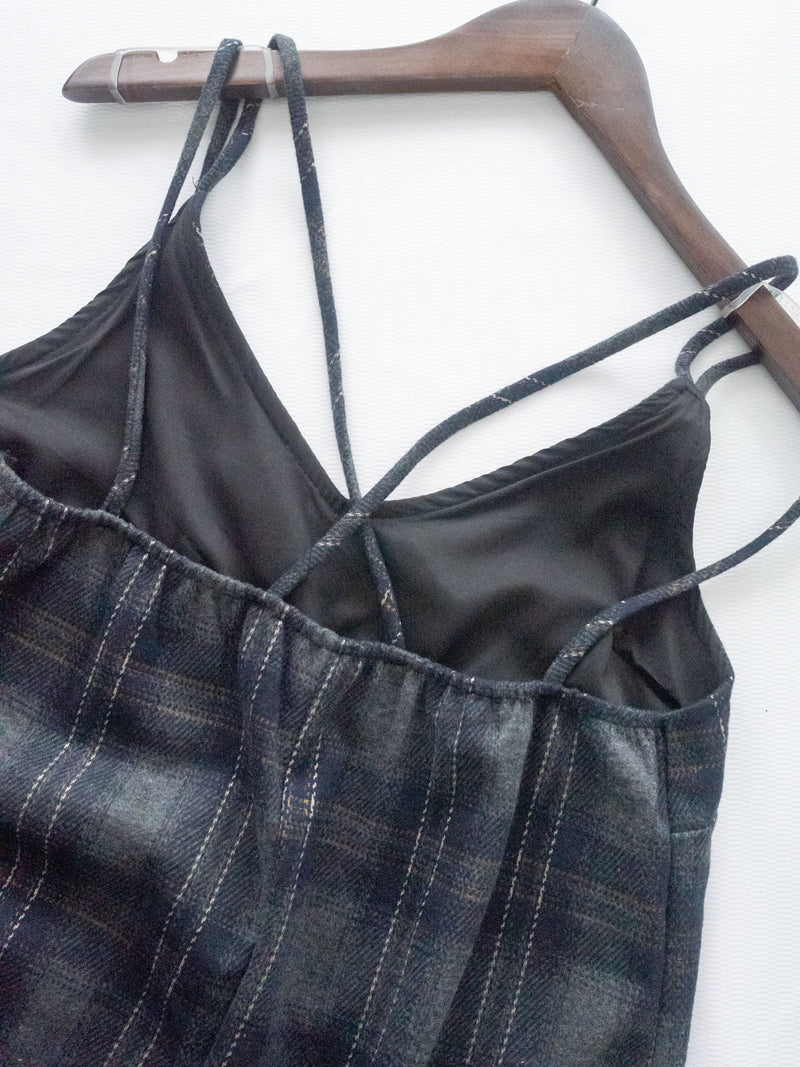 Check Set 後交叉帶吊帶格紋連身裙 （一Set兩件）/SE8096