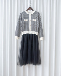 COCO Dress 優雅千鳥格紋黑色紗裙假兩件連身裙/ DS1033