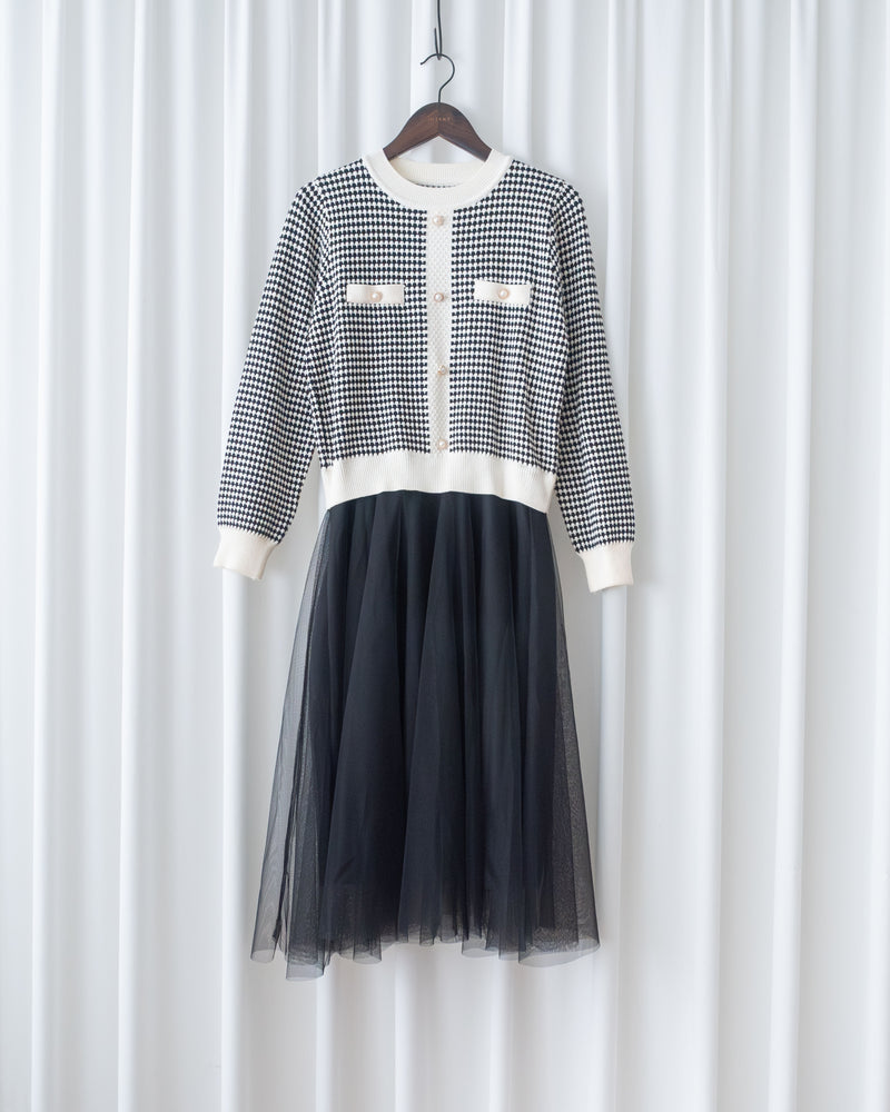 COCO Dress 優雅千鳥格紋黑色紗裙假兩件連身裙/ DS1033