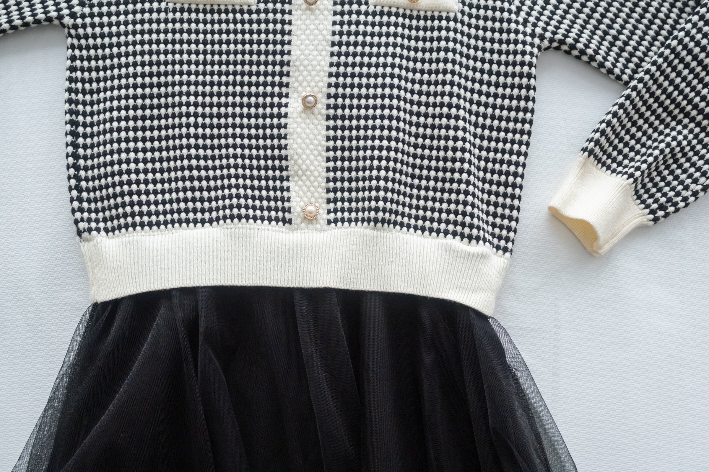 COCO Dress 優雅千鳥格紋黑色紗裙假兩件連身裙/ DS1033