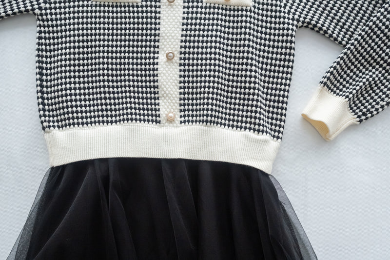 COCO Dress 優雅千鳥格紋黑色紗裙假兩件連身裙/ DS1033