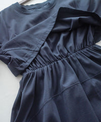 Navy Dress 輕紗圓領假兩件設計傘形連身裙/ DS1042