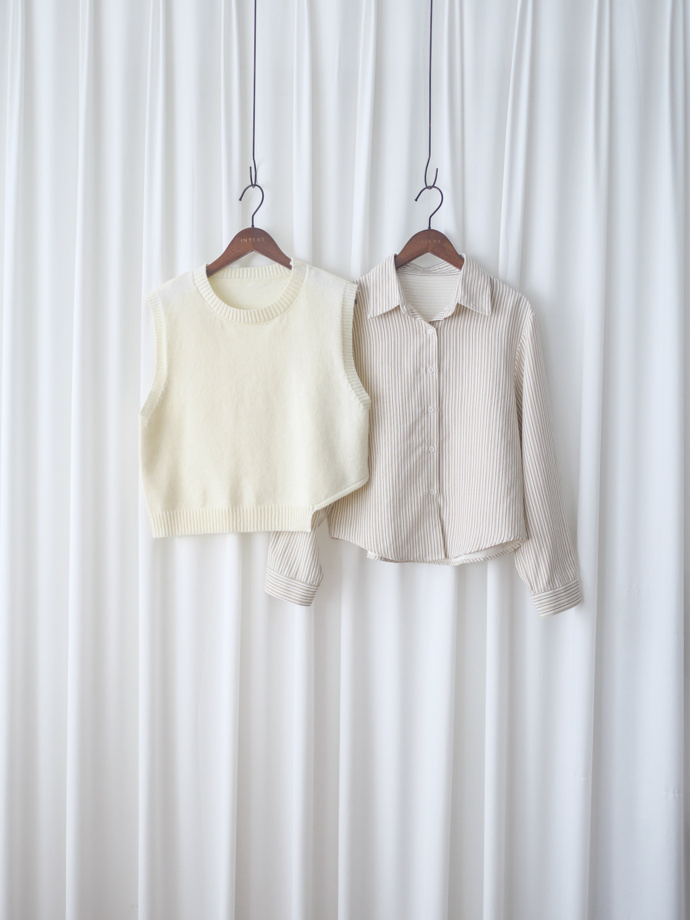 Stripe Shirt Set 不規則下擺針織背心條紋襯衫套裝/ SE9087