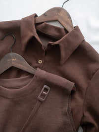 Brown Set 同色系針織背心百褶裙套裝（配送腰帶）/ DS1052