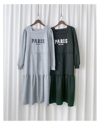 Paris Square Neck Dress 字母方領束繩修腰連身裙/ DS1057 (pre-order black)