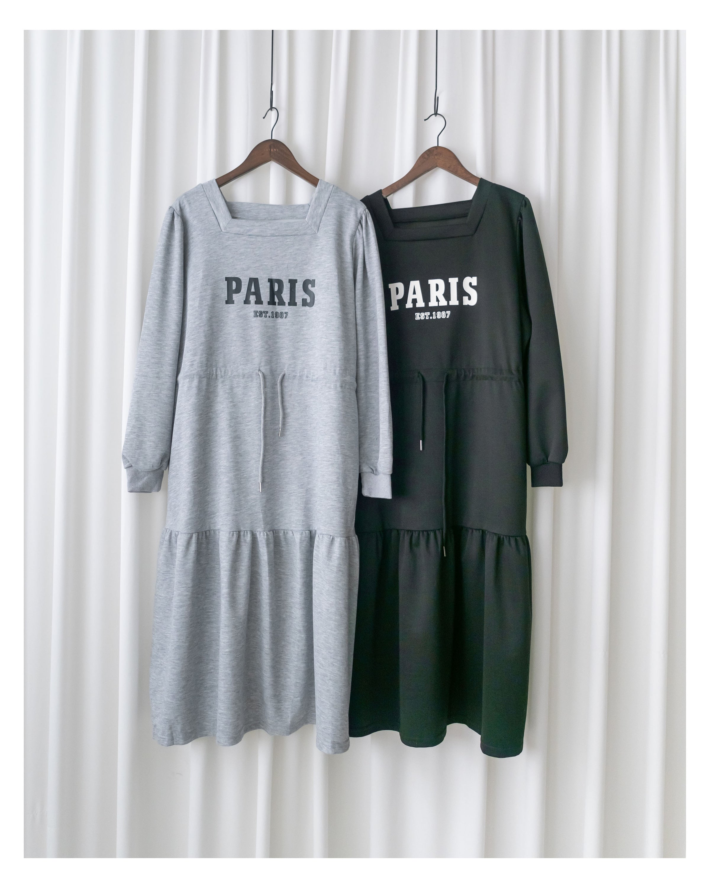 Paris Square Neck Dress 字母方領束繩修腰連身裙/ DS1057 (pre-order black)