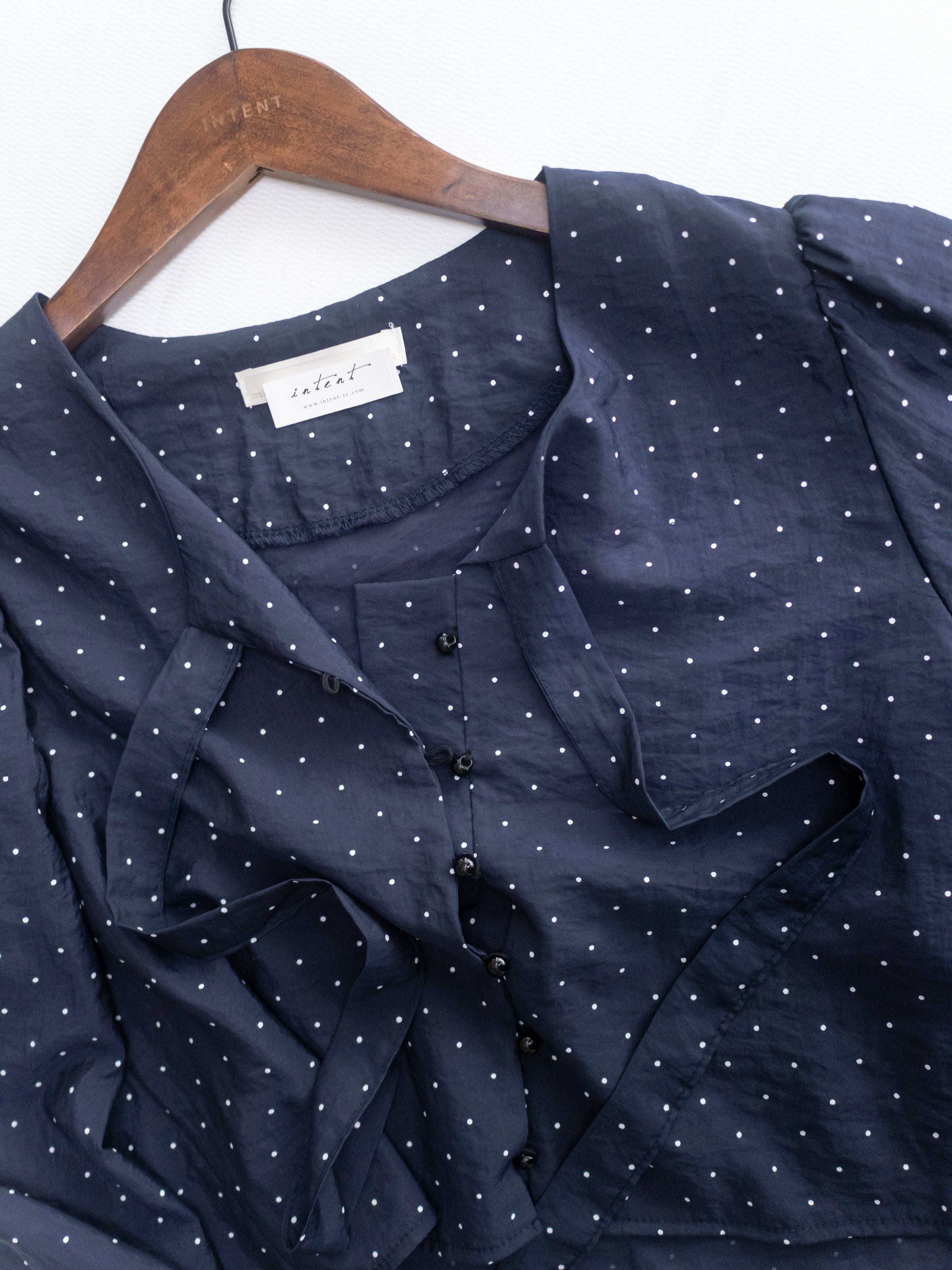 PolkaDot Scarf Blouse 光澤感小點V領綁結微短上衣/ BU9130