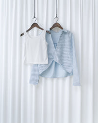 Stripe Layered Twist Shirt 立體細褶條紋綁結套裝恤衫/ SE8109