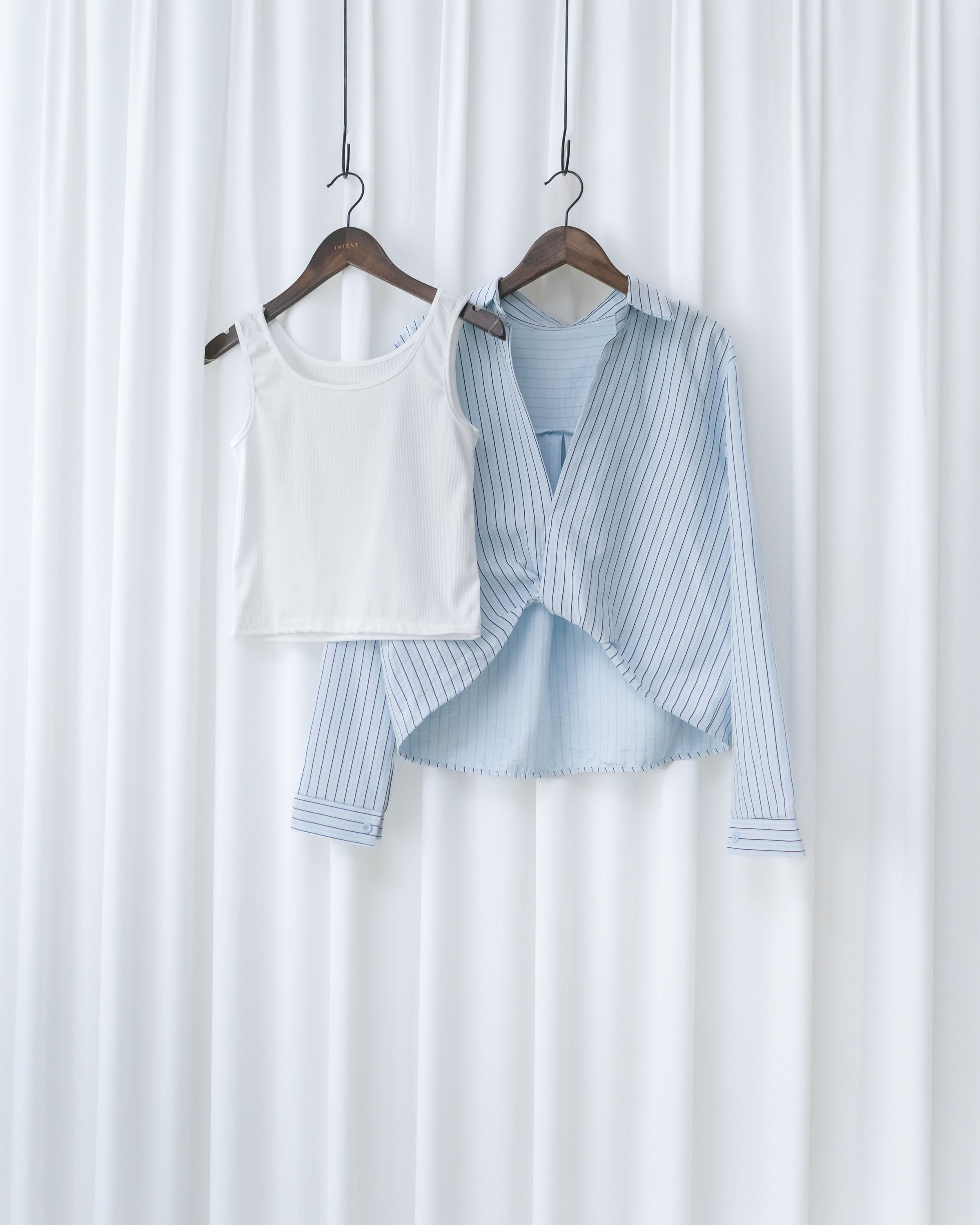 Stripe Layered Twist Shirt 立體細褶條紋綁結套裝恤衫/ SE8109