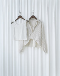 Stripe Layered Twist Shirt 立體細褶條紋綁結套裝恤衫/ SE8109