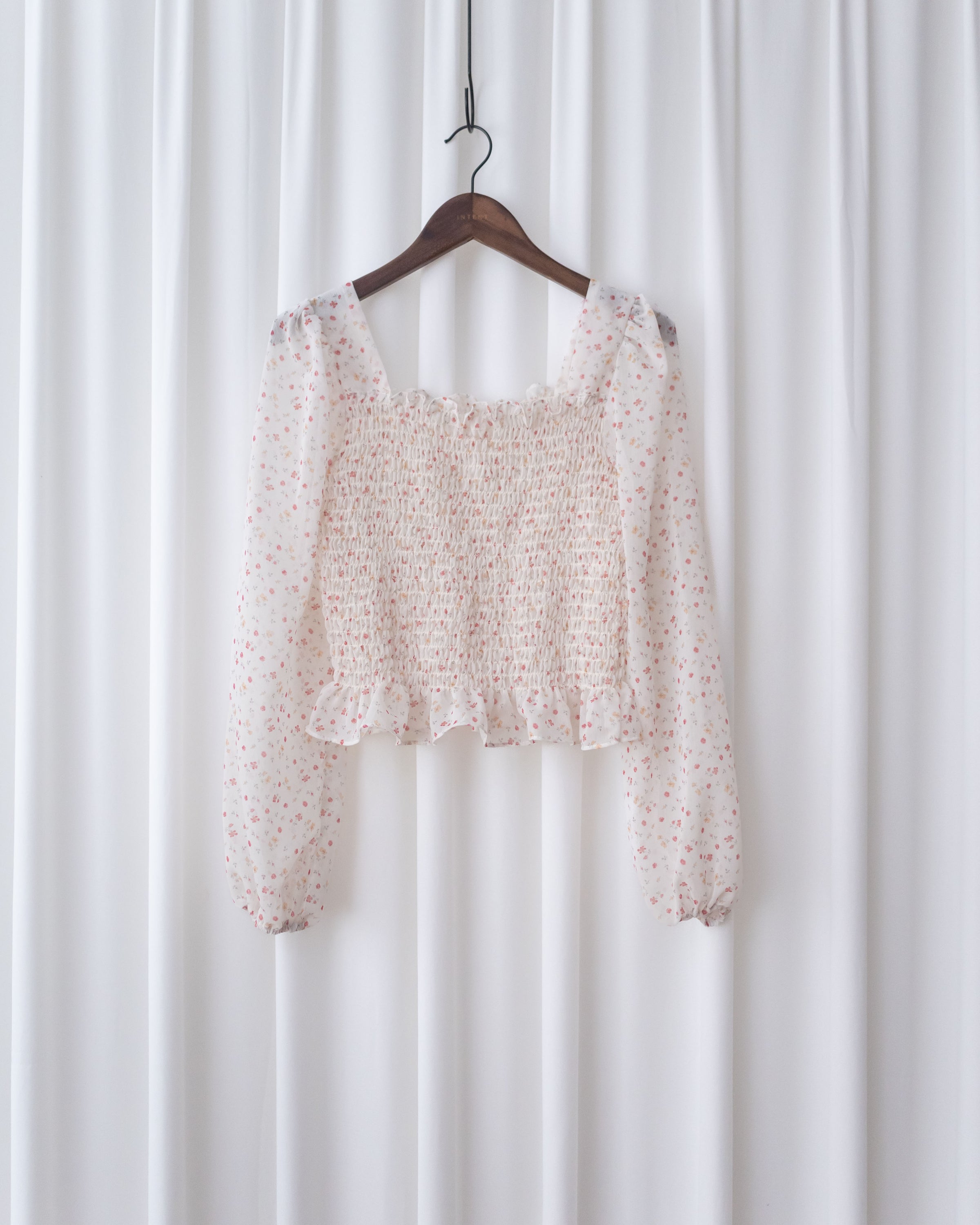 Flora Chiffon Blouse 方領細緻舒適彈力皺褶花布雪紡上衣/ BU9134