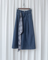 Scarf Denim Skirt 法式絲巾腰帶顯瘦車線牛仔裙/ SK8933