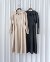 Collar Pleated Dress 翻領口前車褶顯瘦修腰口袋連身裙/ DS1092