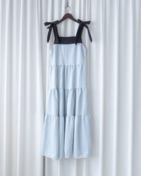 Striped Ribbon Dress 藍白拼黑色平口蝴蝶結傘形連身裙/ DS1109