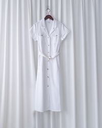 Marble White Dress 白色棉麻雲石腰帶修腰連身裙/ DS1123