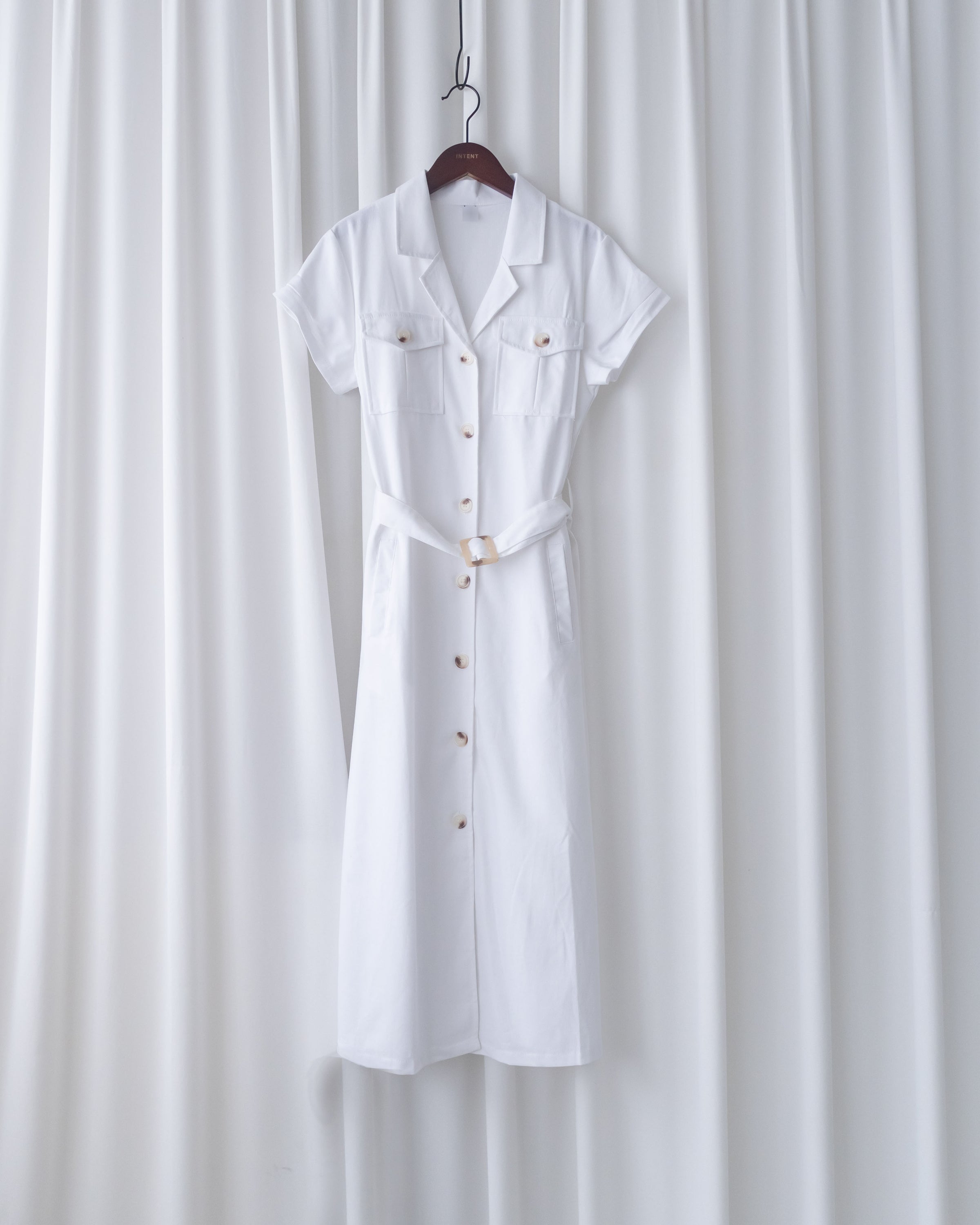 Marble White Dress 白色棉麻雲石腰帶修腰連身裙/ DS1123