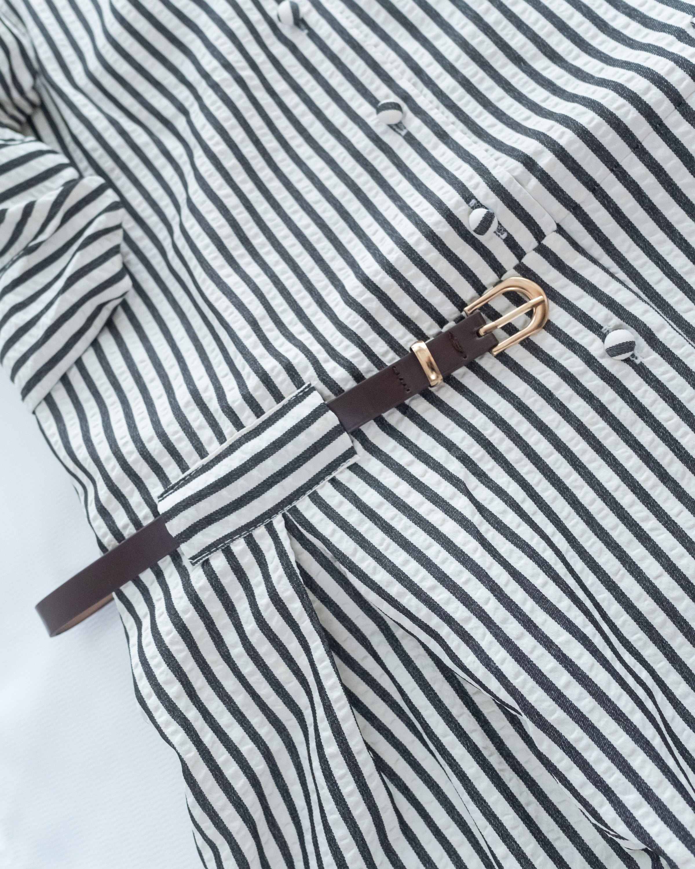 Stripe Belted Dress 流線開孔金扣腰帶直條紋修腰連身裙/ DS1115