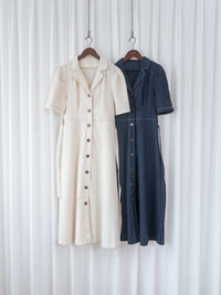 Stitch Linen Dress 明線車邊輕復古腰帶修腰連身裙/ DS1125