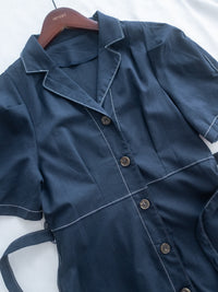 Stitch Linen Dress 明線車邊輕復古腰帶修腰連身裙/ DS1125