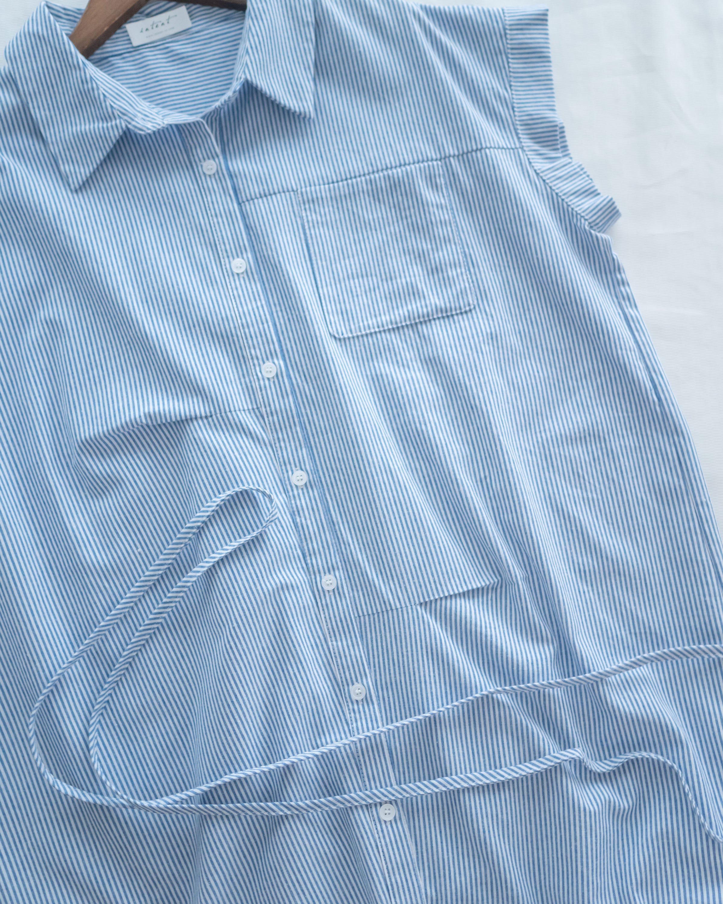 Linen Stripe Dress 法式藍白條紋翻褶袖綁帶連身裙/ DS1129 (Pre-order)