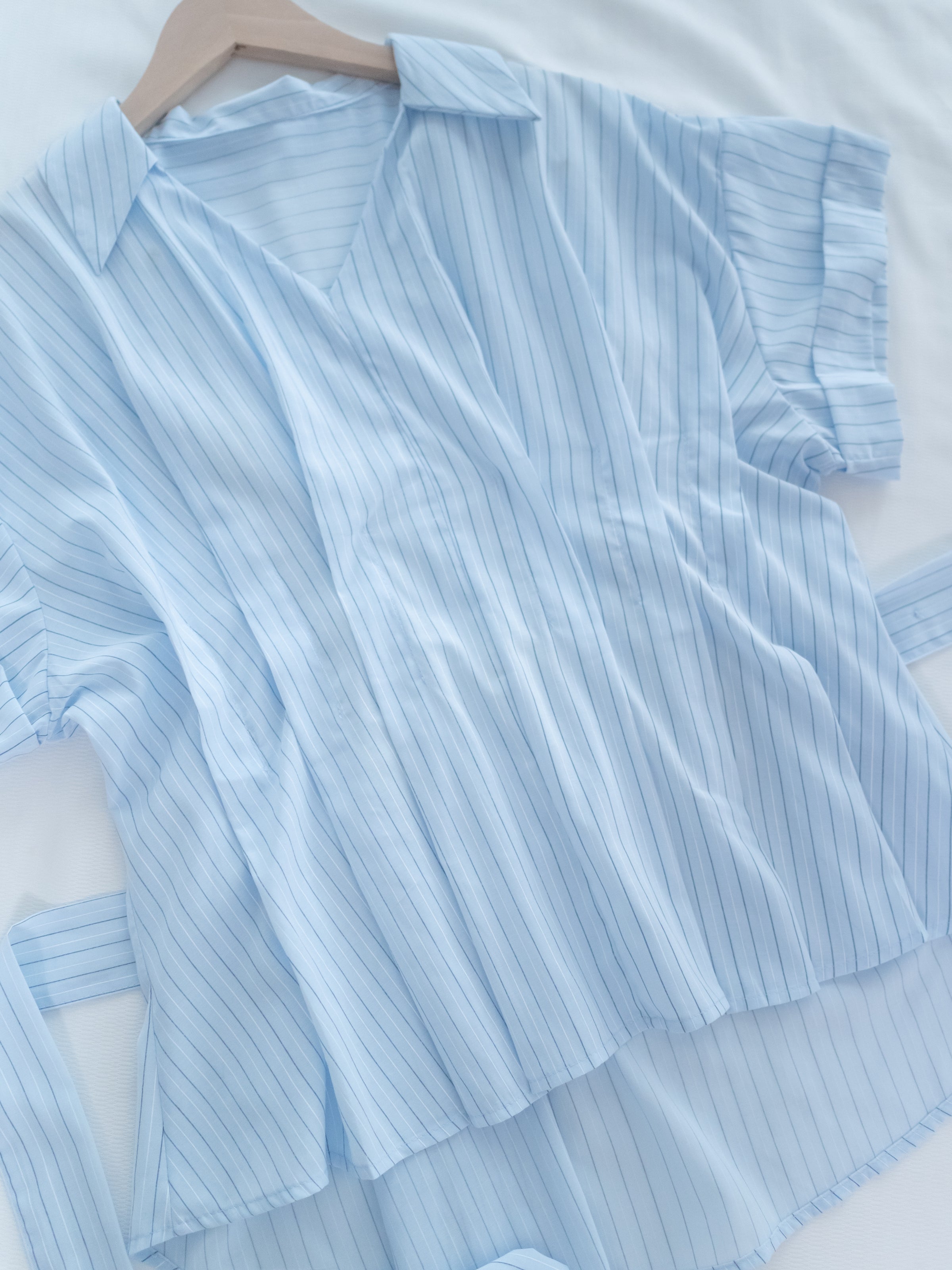 Blue Stripe Shirt 拼織條紋車褶腰帶襯衫上衣/ BU9143 (pre-order)