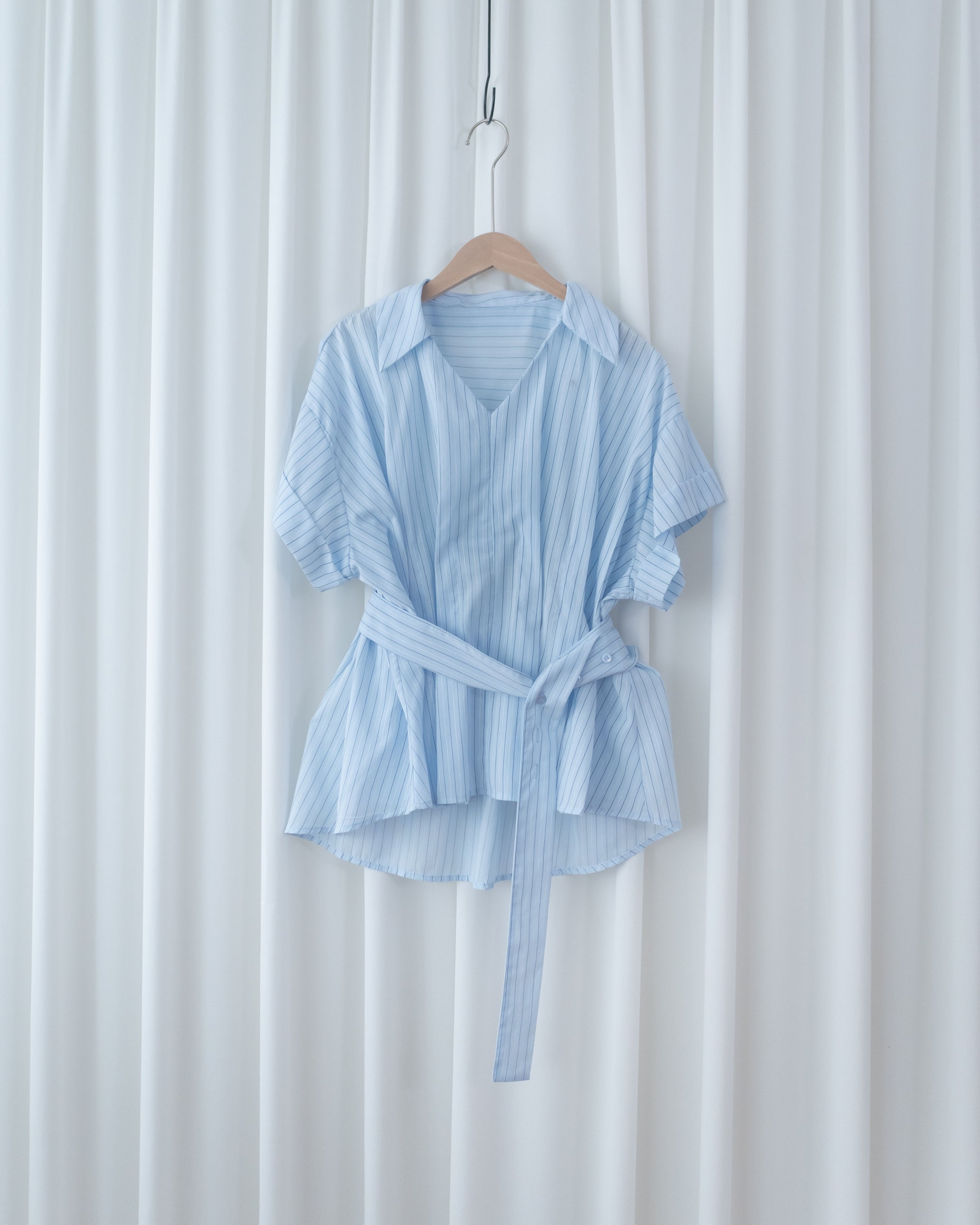 Blue Stripe Shirt 拼織條紋車褶腰帶襯衫上衣/ BU9143 (pre-order)