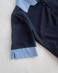 Stripe Collar Top  仿恤衫外穿針織彈性修身上衣/ TP9233
