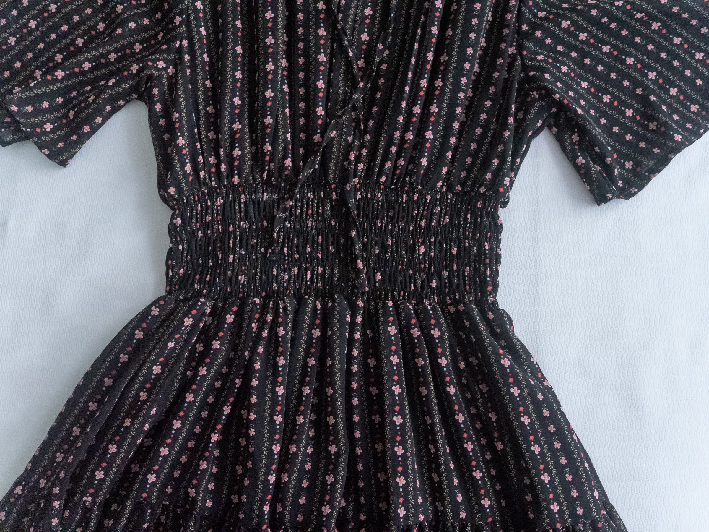 Ethnic Stripe Dress 清新條紋小花束花邊高腰連身裙/ DS1145
