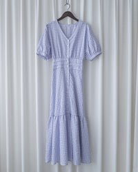 Lavender Check Dress 薰衣草高腰壓褶格紋連身裙/DS1158