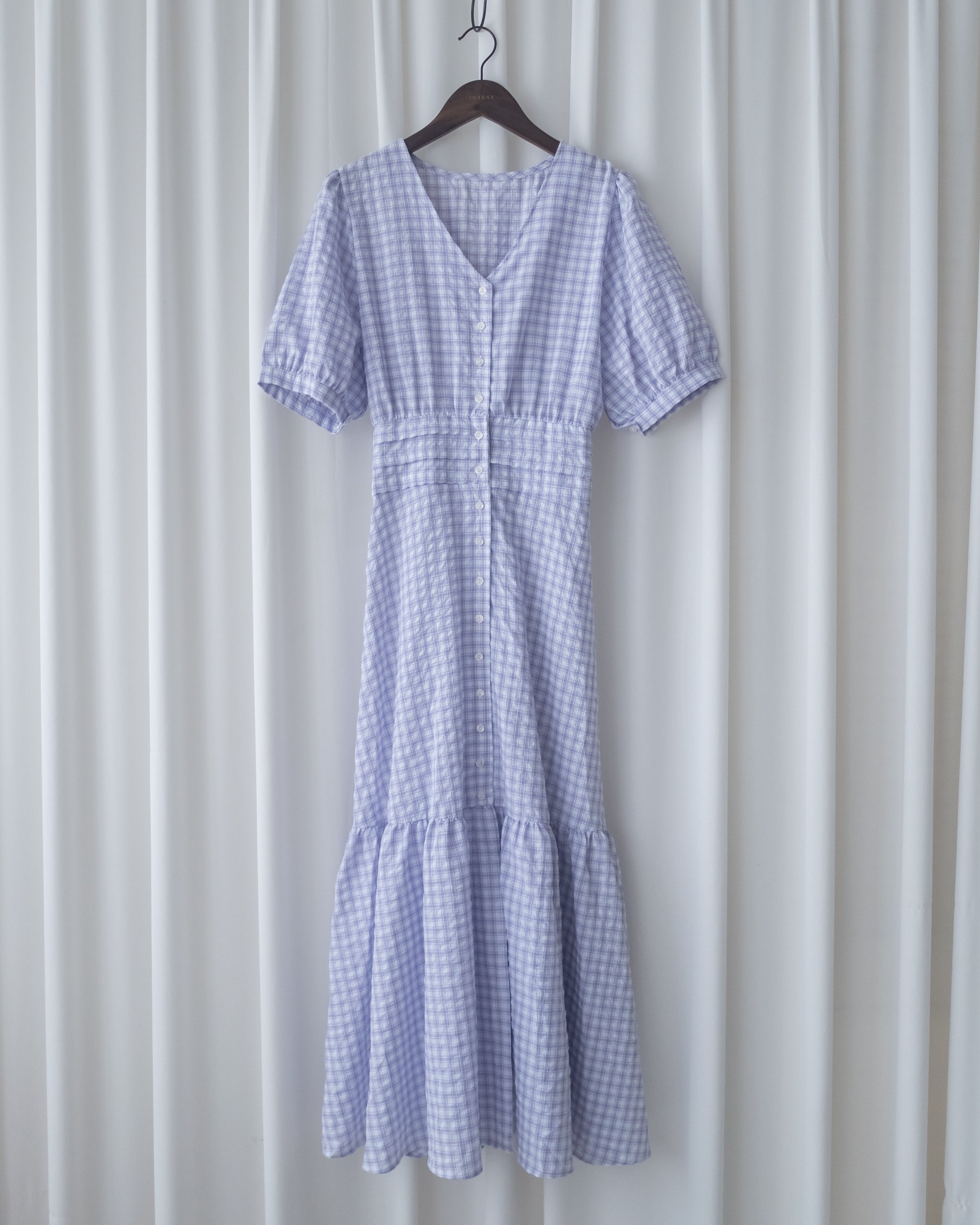 Lavender Check Dress 薰衣草高腰壓褶格紋連身裙/DS1158
