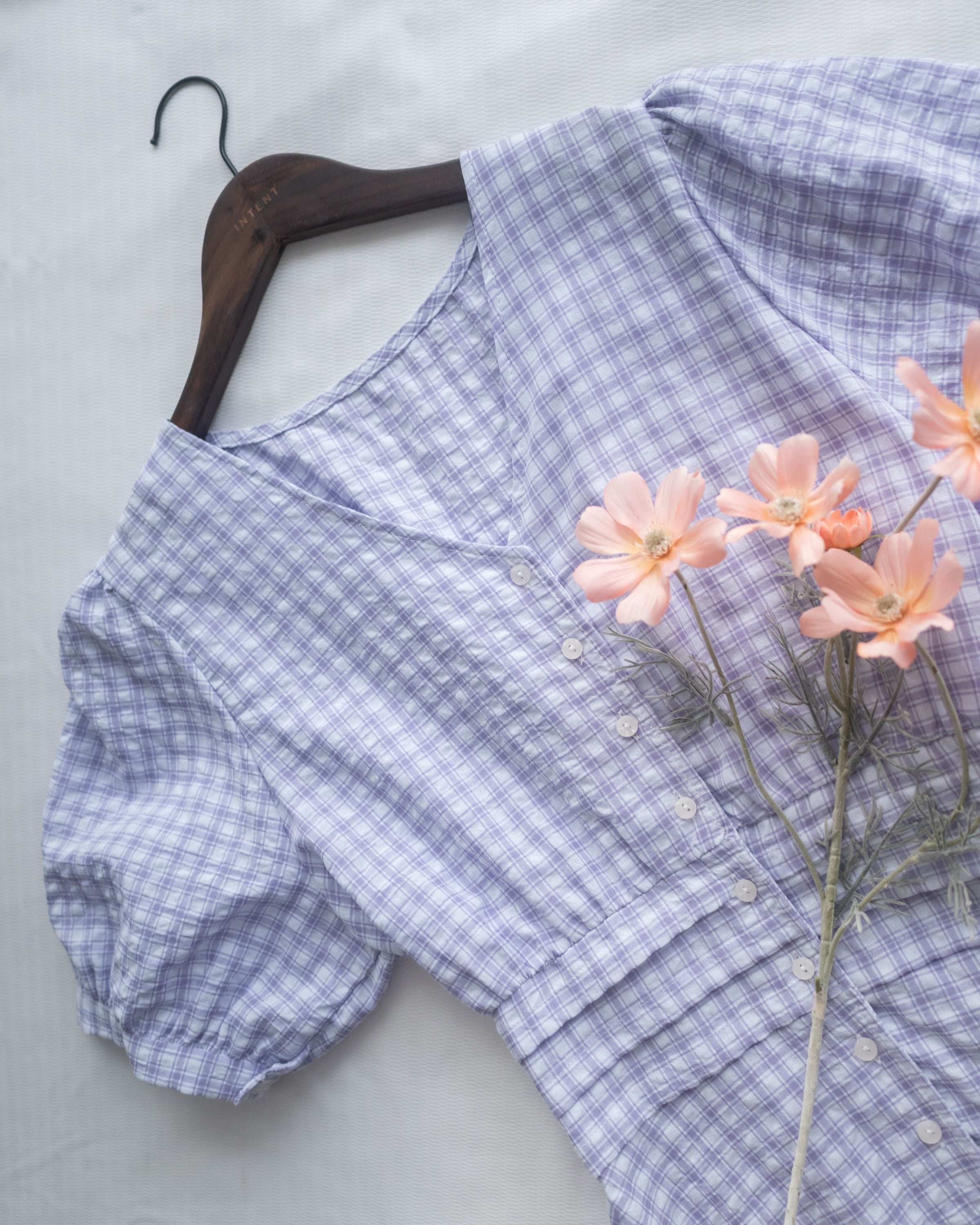 Lavender Check Dress 薰衣草高腰壓褶格紋連身裙/DS1158