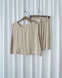 Beige belt Shorts Set 仿麻棉寬肩背心金屬腰帶短褲套裝/SE8116