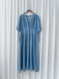 Denim Ribbon Dress 牛仔 V 領袖口綁帶假修腰連身裙/DS1156