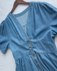 Denim Ribbon Dress 牛仔 V 領袖口綁帶假修腰連身裙/DS1156