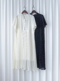 V Ruffle Dot Dress 木耳邊 V 領壓褶雪點雪紡連身裙/DS1162