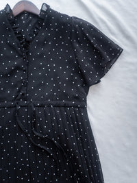 V Ruffle Dot Dress 木耳邊 V 領壓褶雪點雪紡連身裙/DS1162