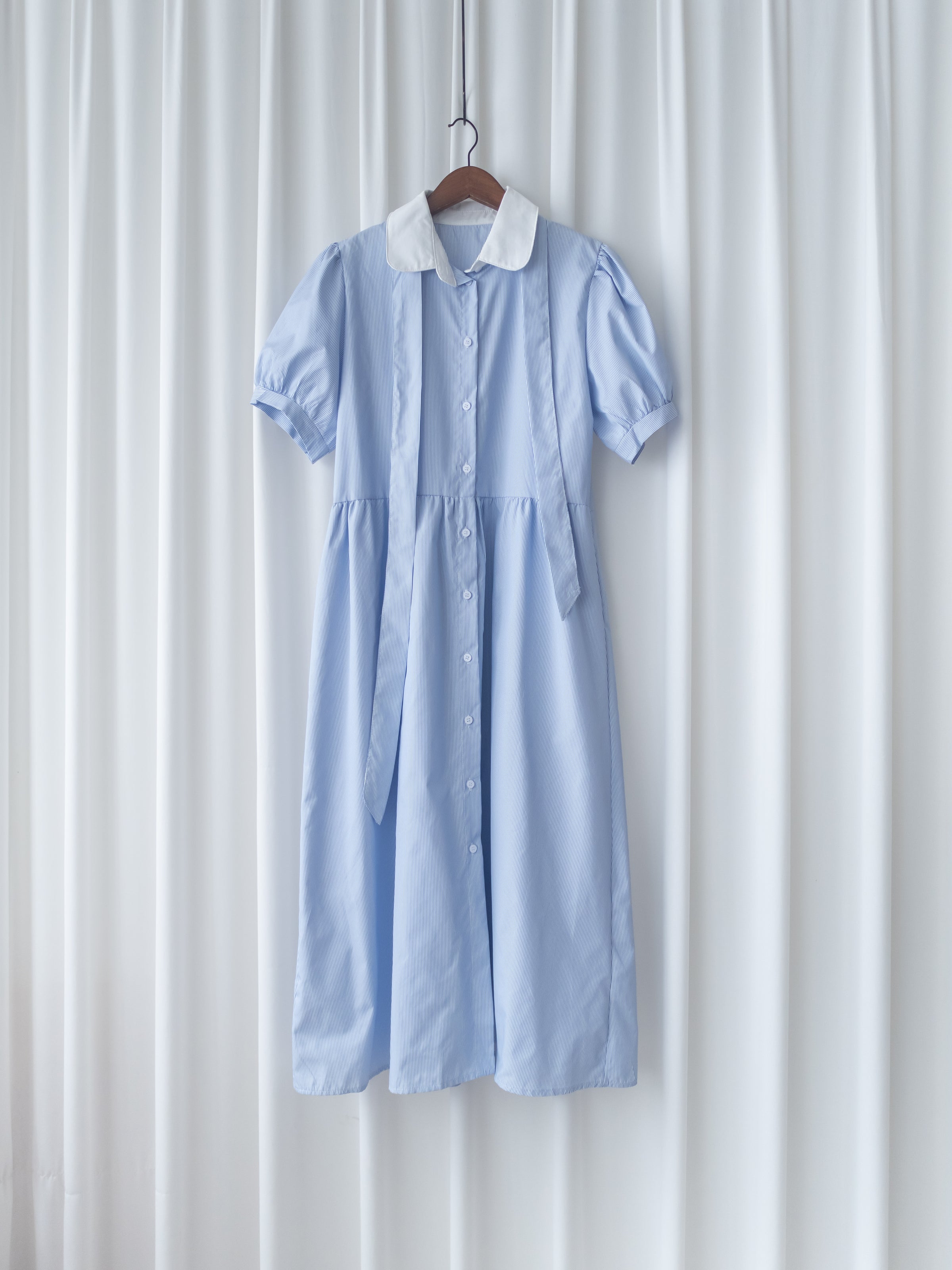 Stripe Collar Dress 拼接圓角翻領綁帶條紋襯衫連身裙/DS1163